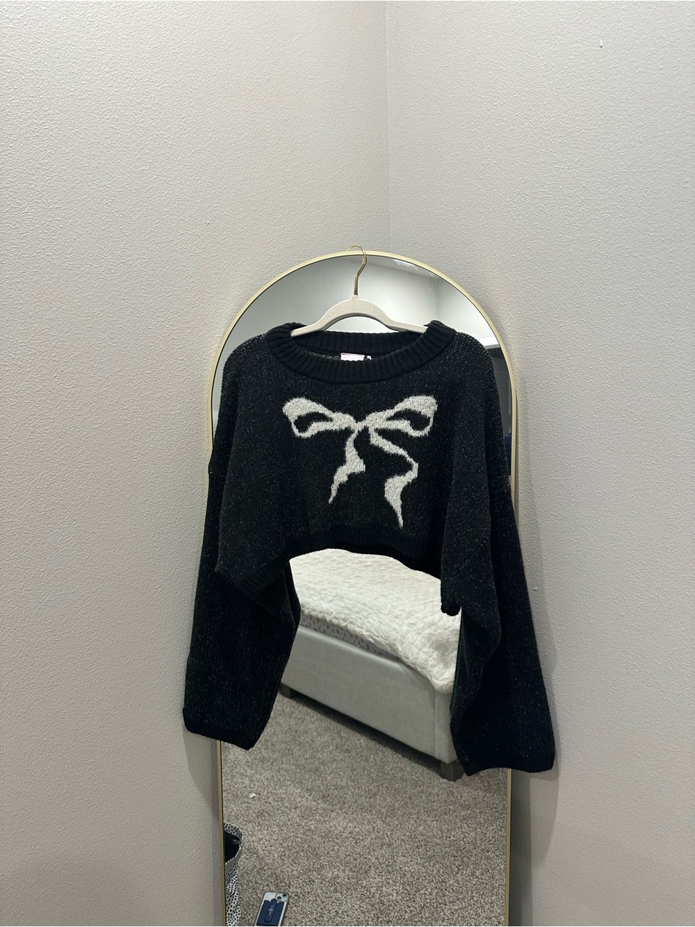 Urban Outfitters Black Cropped Sweater with White Bow